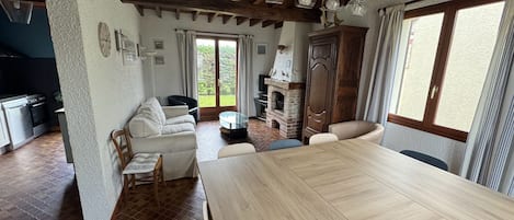 Télévision, cheminée, livres, écrans d'ordinateur