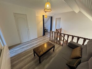 Tv, eldstad, böcker och datorskärmar