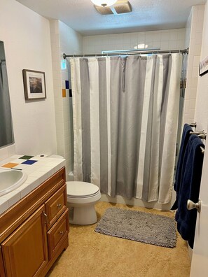 Shower, hair dryer, towels, toilet paper