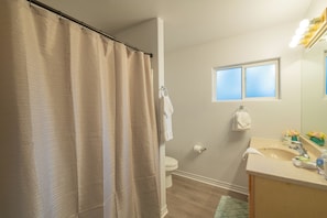A bathroom with a shower curtain, toilet, sink, and a window above the sink. - Brown Bear Lodge (Sugarloaf)