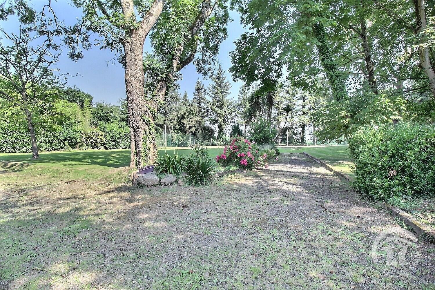 Ein Park mit Bäumen, einer Wiese und einem Weg.
