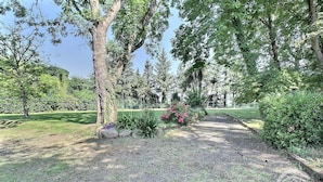 A park with trees, a grassy area, and a pathway.