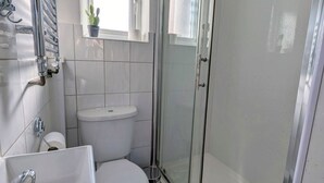 Une petite salle de bain avec des toilettes blanches, une douche à parois de verre et un lavabo doté d’un robinet chromé.