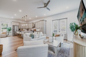 Smart TV, fireplace, table tennis, books