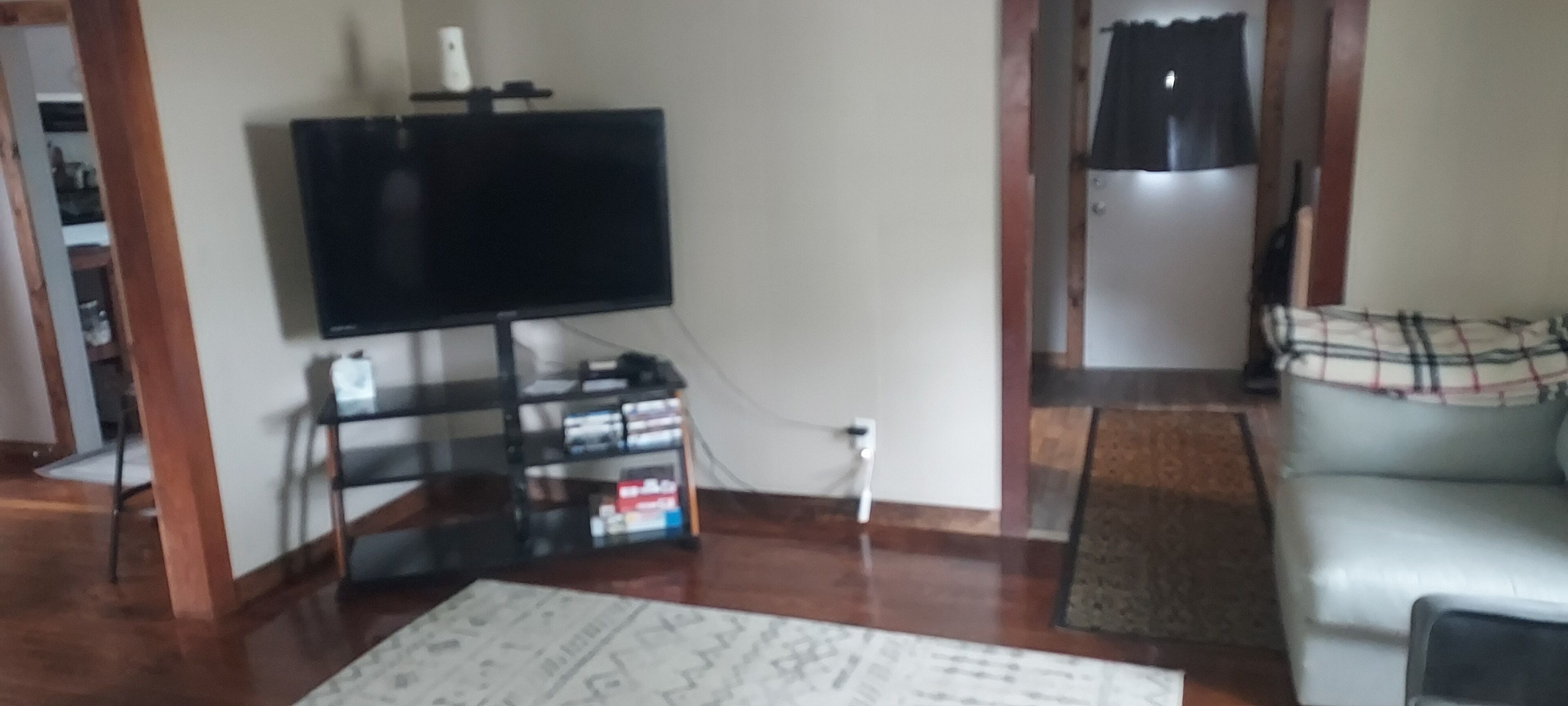 A living room with a flat-screen TV on a stand, a sofa, a coffee table, and a patterned rug.