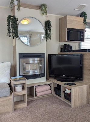 Smart TV, fireplace, ping pong