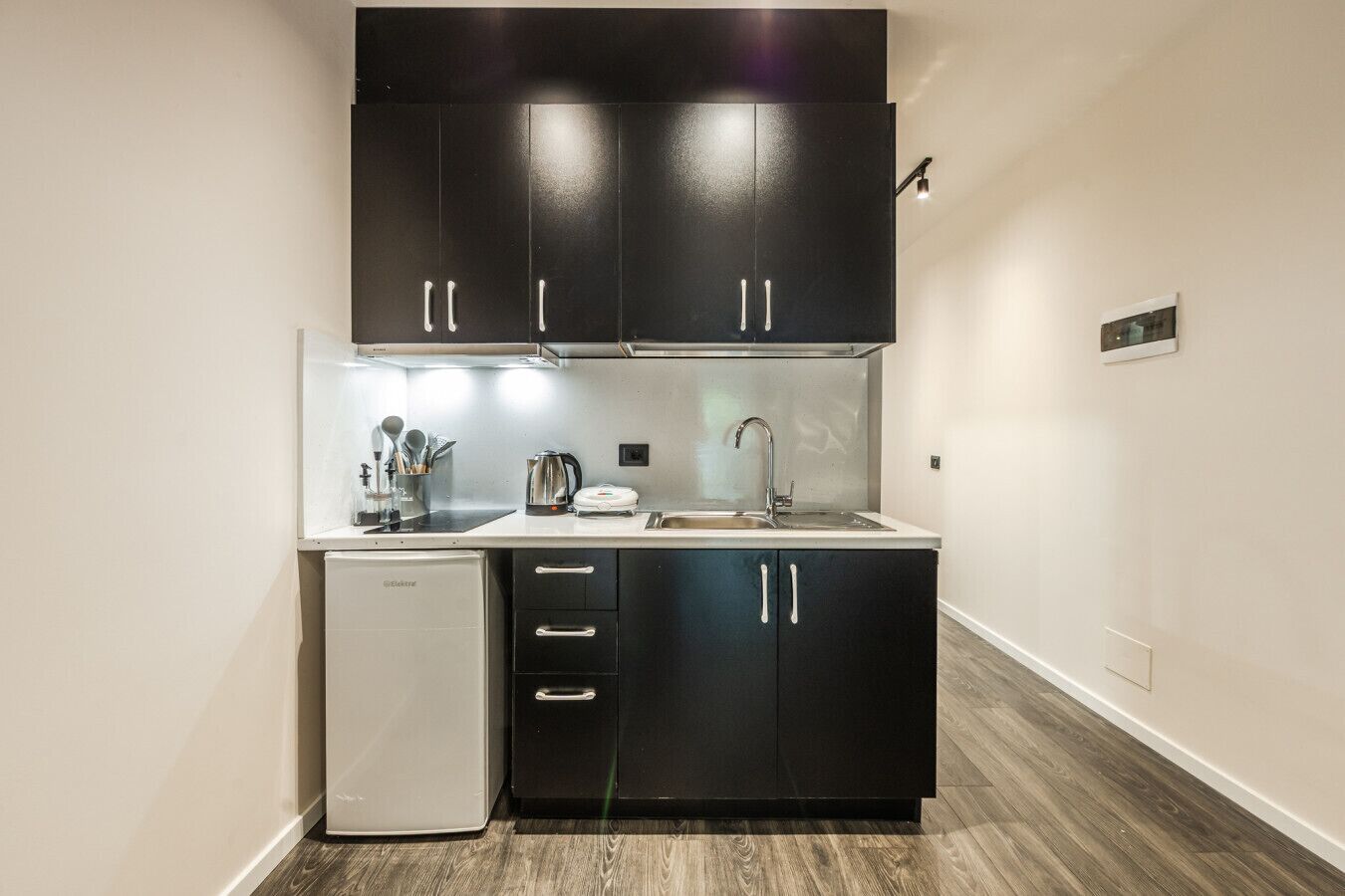 Fridge, microwave, stovetop, coffee/tea maker