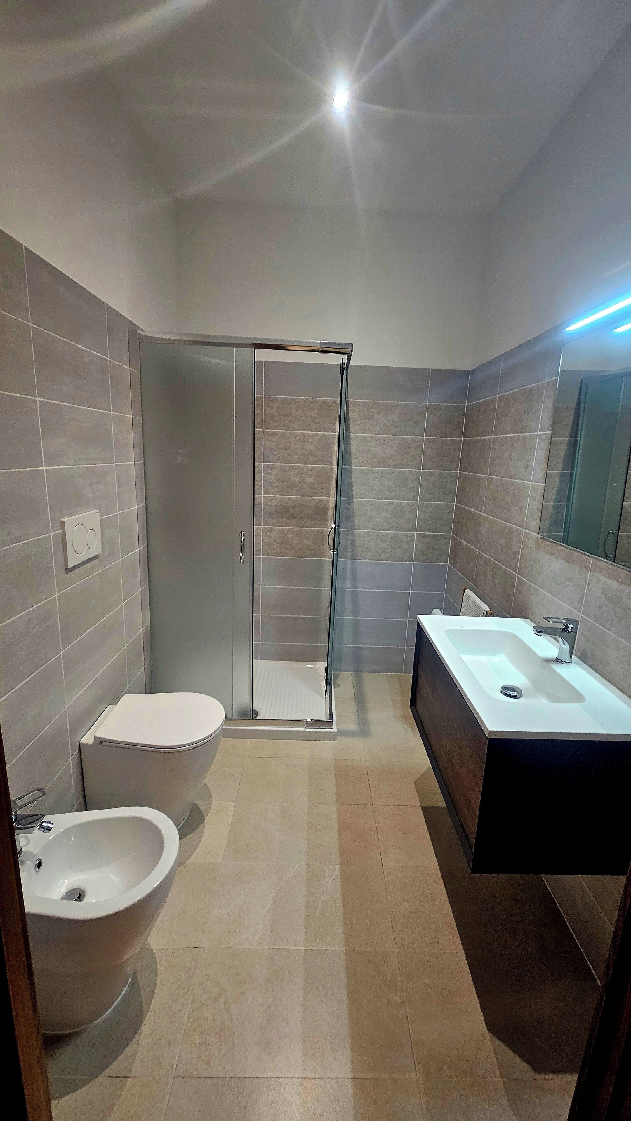 A modern bathroom with a toilet, bidet, and a walk-in shower.