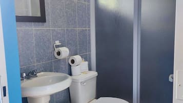Hair dryer, towels, soap, toilet paper