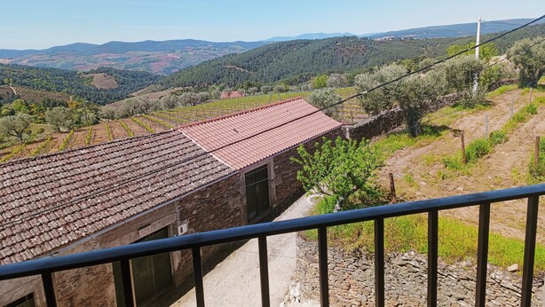 Un edificio de piedra con techo de tejas rojas, rodeado de viñedos y un paisaje montañoso.
