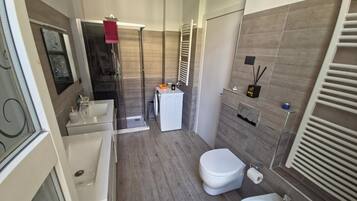 Hair dryer, bidet, towels, soap