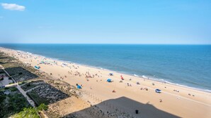 Uma praia com grade, guarda-sóis e pessoas.