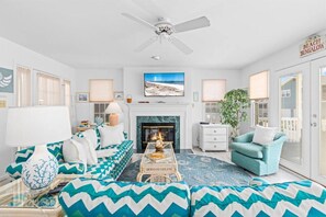 Smart TV, fireplace, books