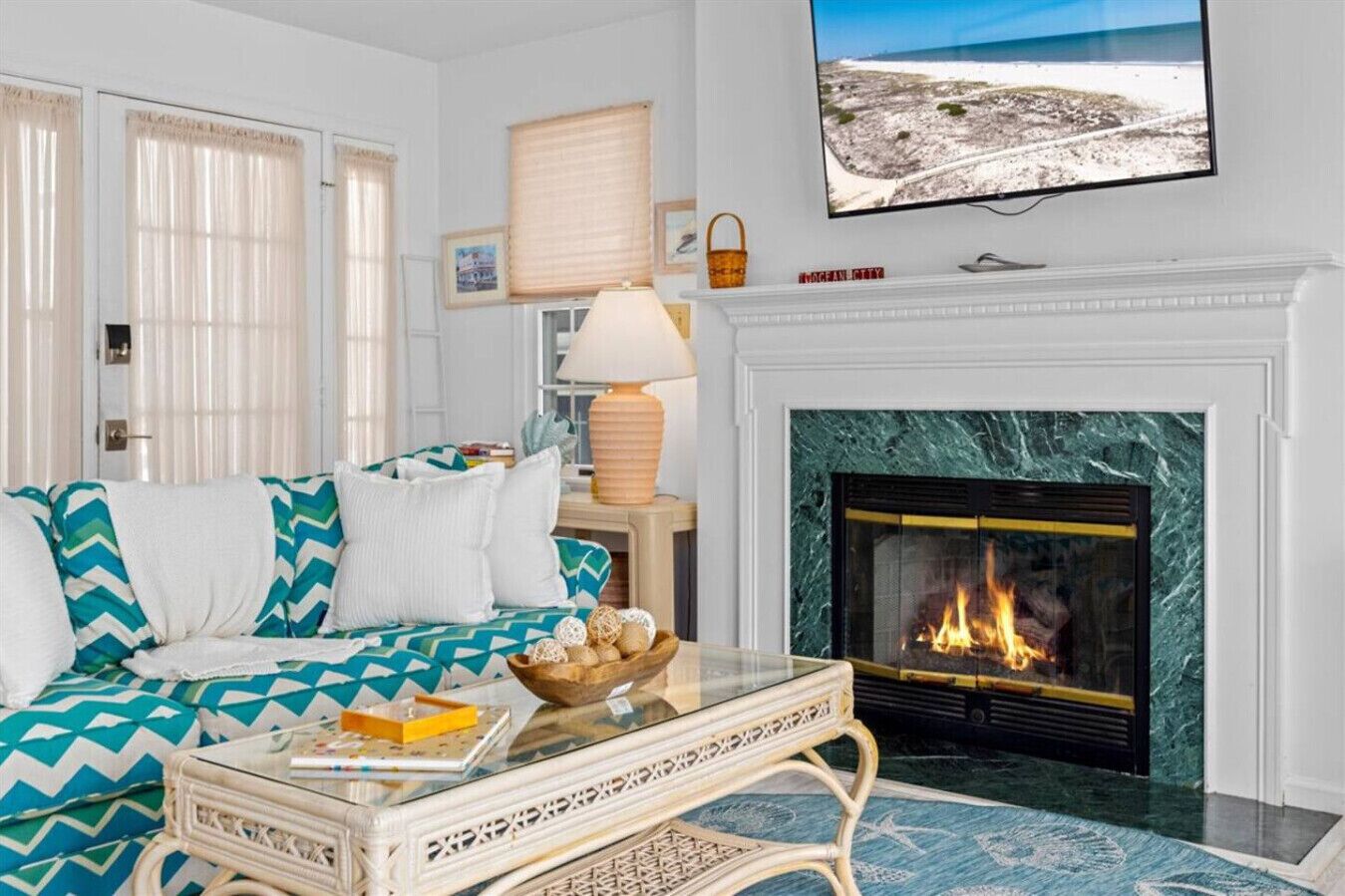 Smart TV, fireplace, books