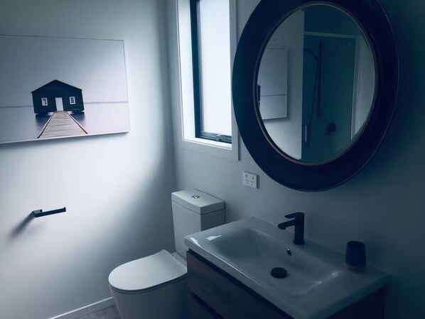 A bathroom with a toilet, sink, and mirror. - Unique and modern self contained unit with total privacy and amazing views. (Queenstown)