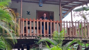 A wooden balcony with a metal roof, surrounded by lush greenery.