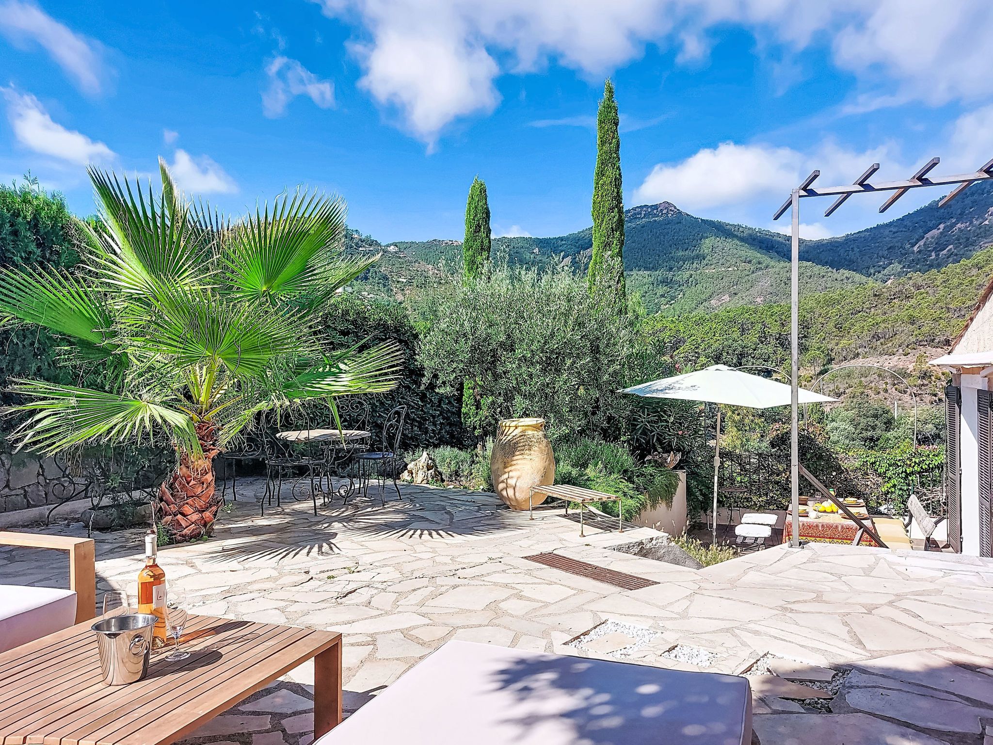 A patio with stone flooring, outdoor furniture, a palm tree, and a view of a mountainous landscape.