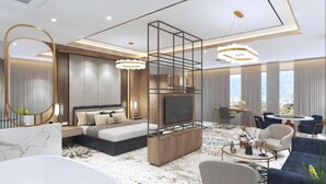 A modern hotel room with a large bed, a TV, a dining area, and a view of the city. - Zana By The Ganges, Rishikesh (Narendranagar)