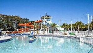 A water park with multiple slides and a pool area.