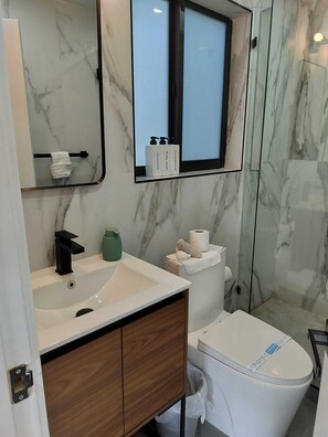Hair dryer, towels, soap, toilet paper