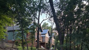 Une cabane au revêtement extérieur en bois, entourée d’arbres et bordée d’une zone herbeuse.