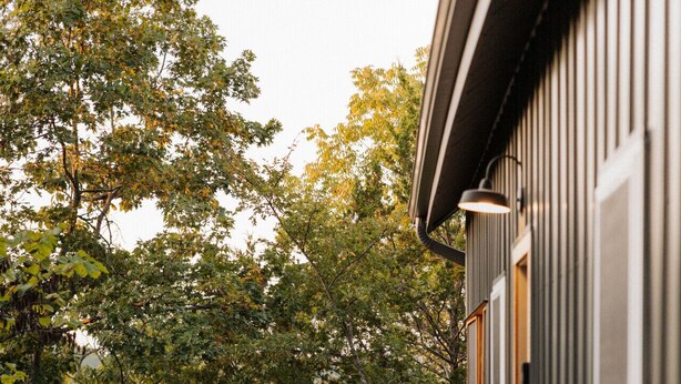 Une terrasse en bois mène à un bâtiment doté d’un revêtement vertical et de grandes fenêtres.