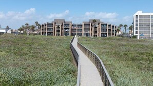 A beachfront hotel with a boardwalk leading to the entrance, surrounded by palm trees and a grassy area. - Soothing Seaside Comfort in a 2-Bedroom Escape (South Padre Island)