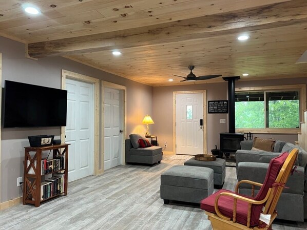 Smart TV, fireplace, books, computer monitors