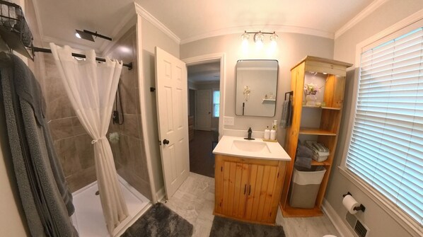 A bathroom with a shower, a sink, a mirror, and a toilet.