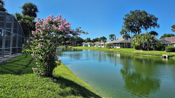 A serene lakeside view with a clear sky, a grassy area, and a building with a glass facade.