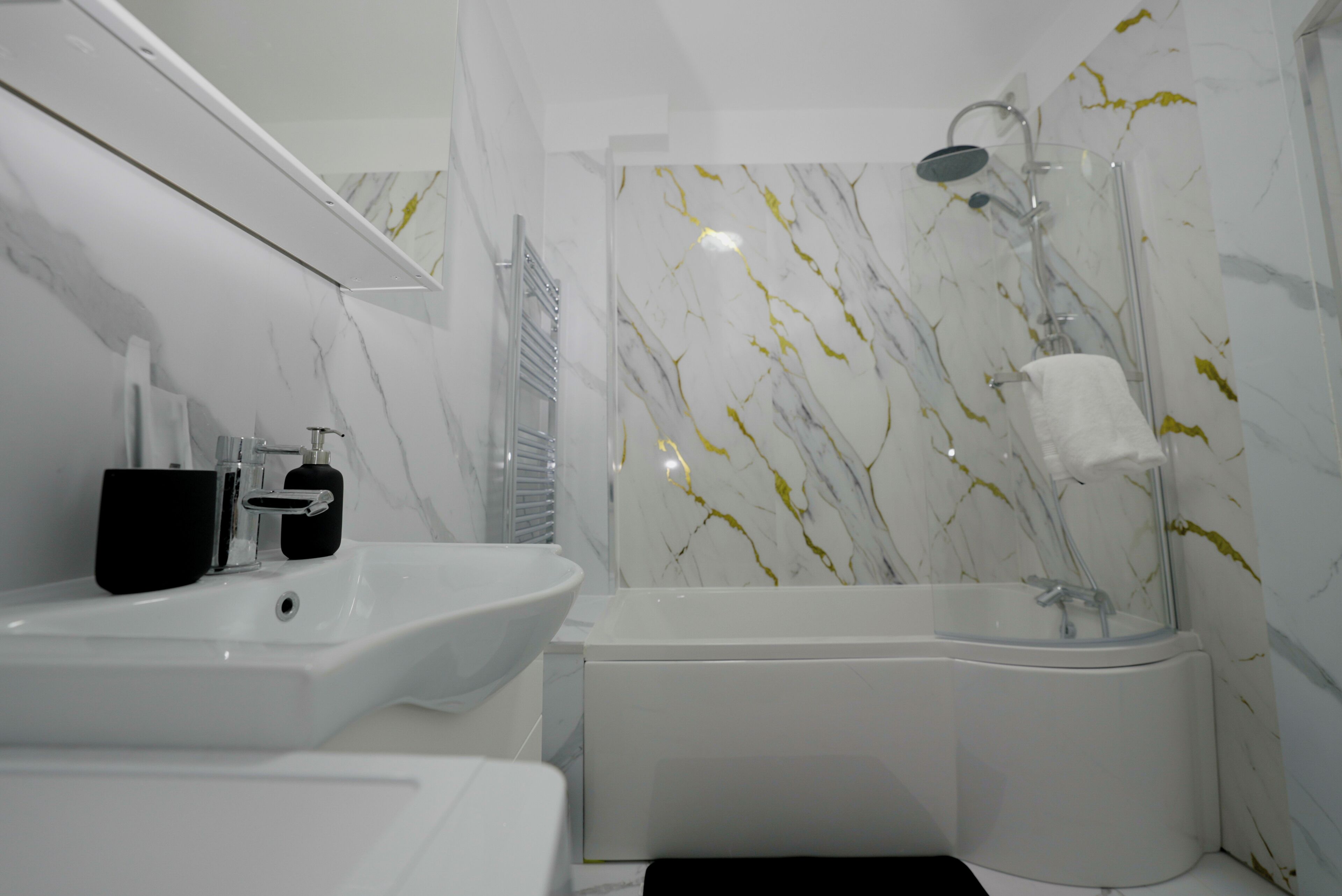 Hair dryer, towels, soap, toilet paper