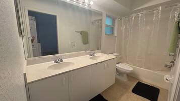 Hair dryer, towels, toilet paper