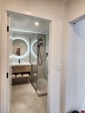 Hair dryer, towels, soap, shampoo