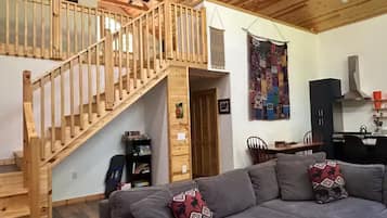 Smart TV, fireplace, table football, books