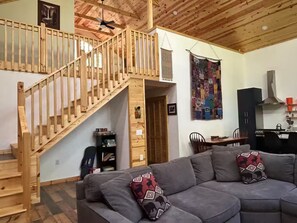 Smart TV, fireplace, table football, books