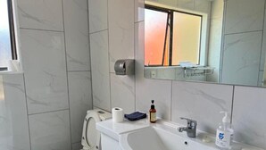 A bathroom with a toilet, sink, mirror, and a towel rack. - 2 Double 1 Single 1 Sofa Beds Studio A (Rotorua)