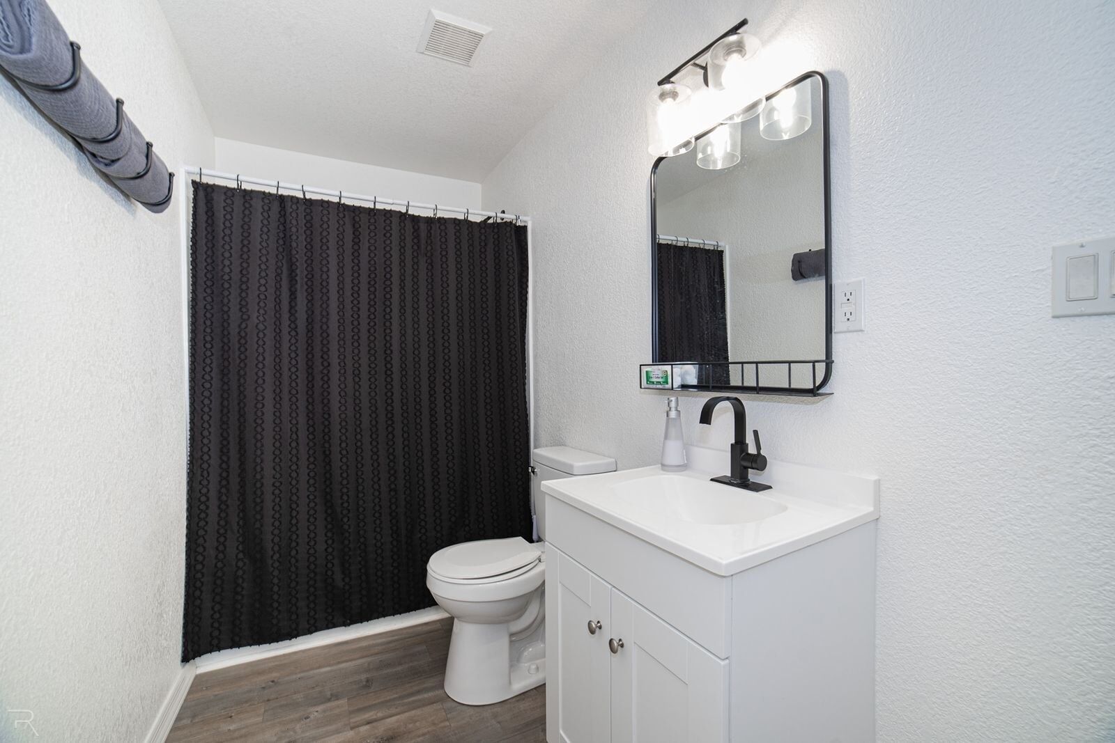 Hair dryer, towels, soap, shampoo