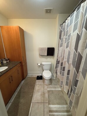Hair dryer, towels, soap, shampoo
