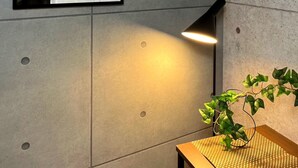 Ein modernes Interieur mit einem gerahmten abstrakten Kunstwerk, eingelassener Beleuchtung und einem Topf mit Pflanze auf einem strukturierten Tisch.