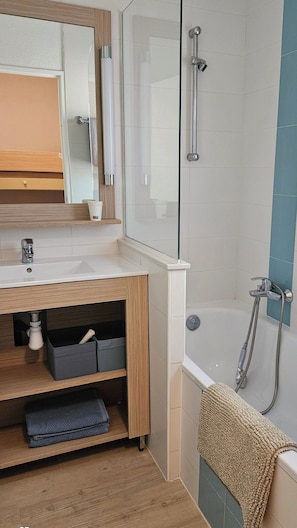 Hair dryer, towels, toilet paper