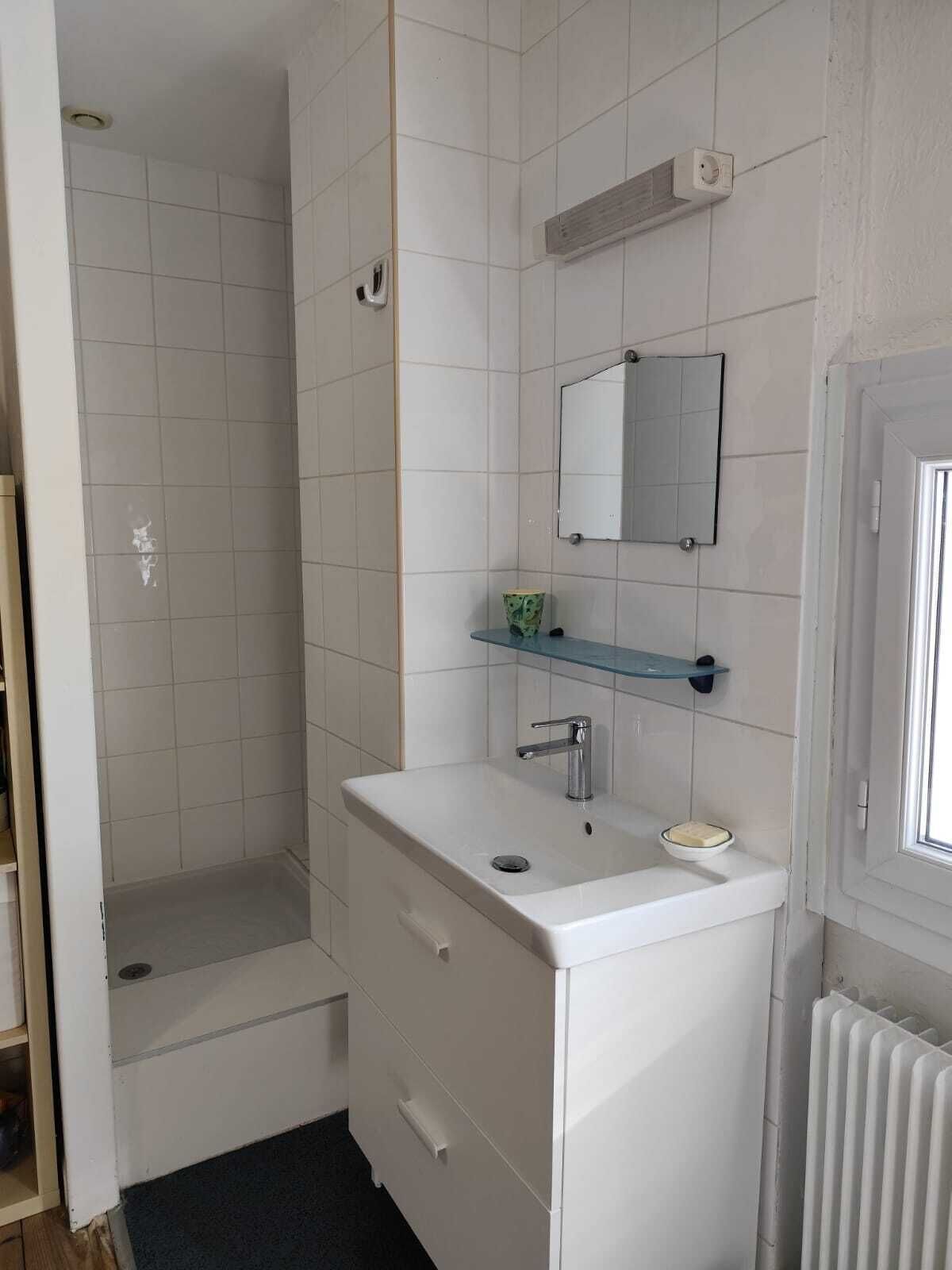 A bathroom with a white sink, a mirror, and a shower area.