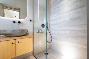 Shower, hair dryer, bidet, towels