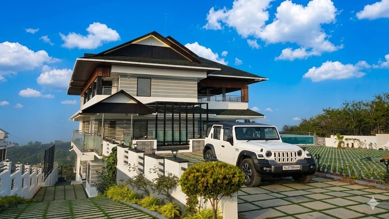 A modern two-story house with a white exterior and a parked white SUV.