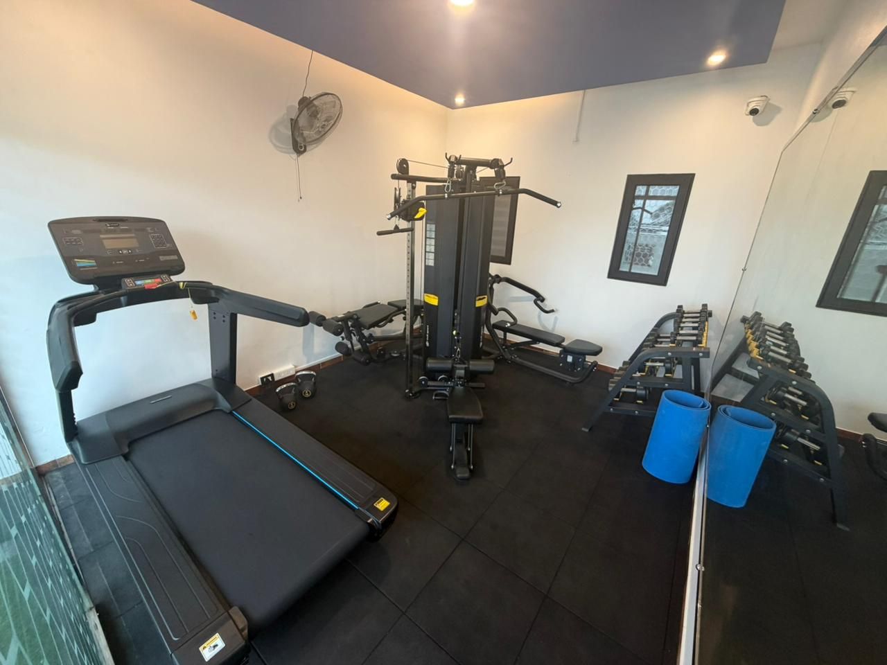 A gym with a treadmill, weight machines, and exercise mats.