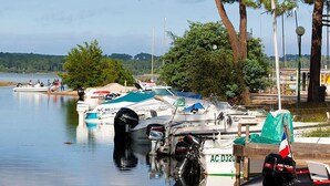 Un port de plaisance où sont amarrés des bateaux, entouré d’arbres et bordé d’un lac paisible.