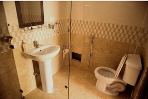 Hair dryer, towels, soap, toilet paper