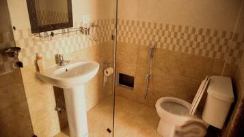 Hair dryer, towels, soap, toilet paper