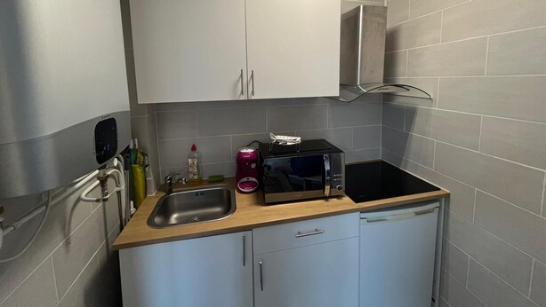 A compact kitchen with a sink, a microwave, and a dishwasher. - Studio 2 steps from Saint Charles station (Unknown)