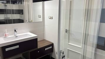 Hair dryer, bidet, towels, soap