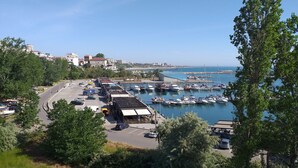 A marina with boats docked, a parking area with vehicles, and buildings in the background.